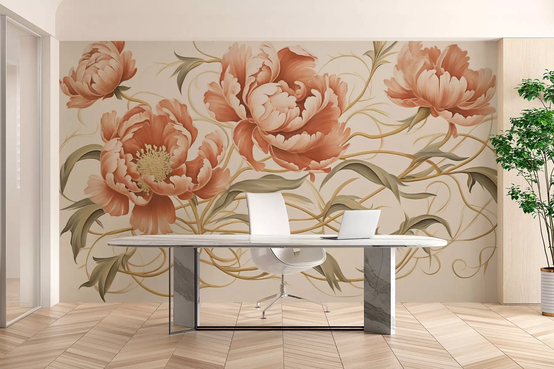 Papier peint Pivoines tendance avec feuilles torsadées w02297