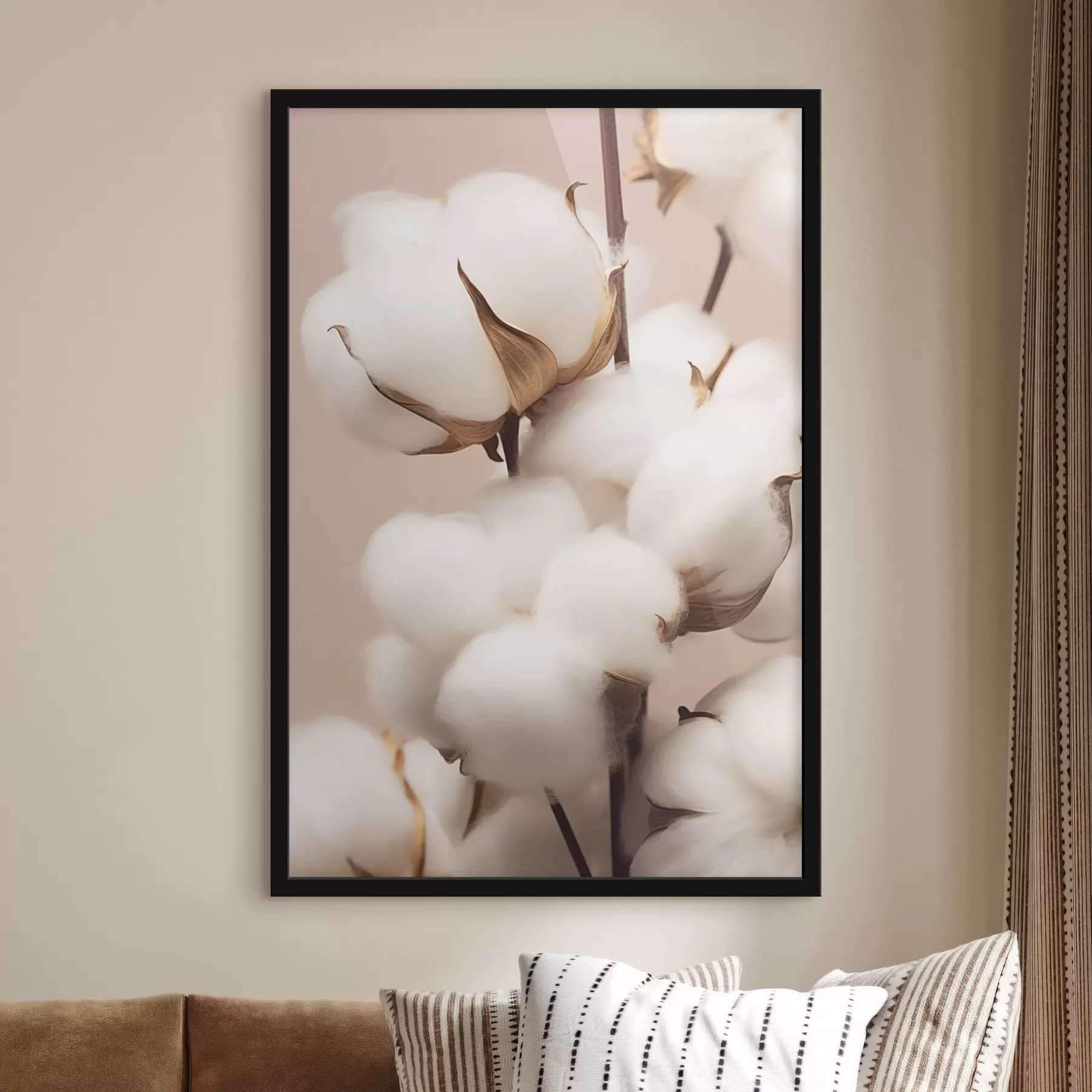 Papier peint Fleurs de coton sur fond beige f41706
