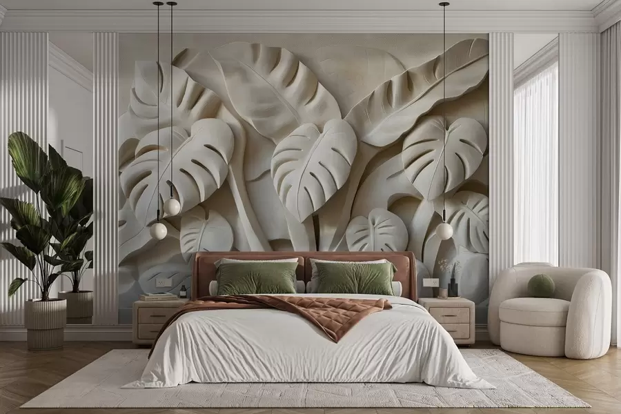 Papier peint Bas-relief de grandes feuilles de monstera w02312
