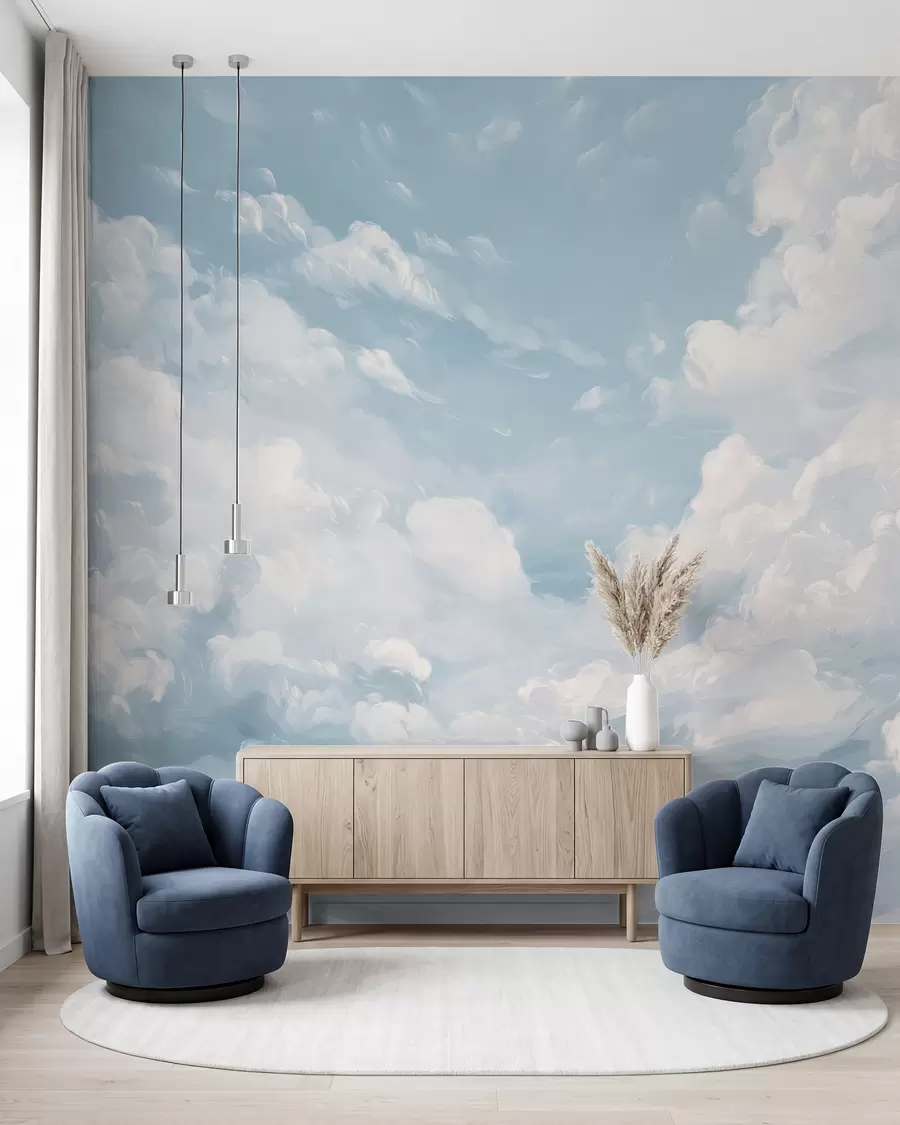 Papier peint Ciel bleu avec des coups de pinceau simulés à l'huile w02313