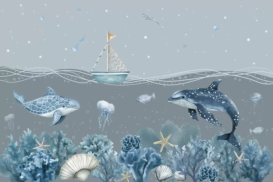 Papier peint Vie marine, style aquarelle, coraux, bateau, dauphin, méduse, ciel étoilé, couleurs bleues douces w02310v3