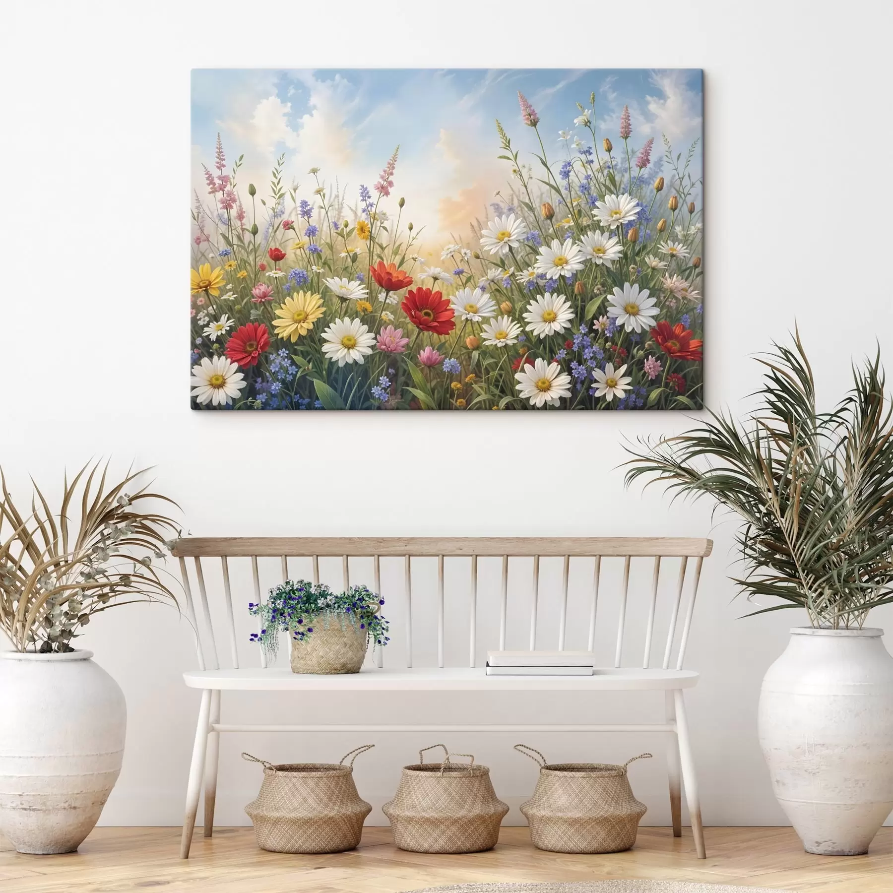 Papier peint Un champ de fleurs sauvages colorées comprenant des marguerites, des coquelicots et d'autres plantes en fleurs sur fond de ciel bleu  s41725