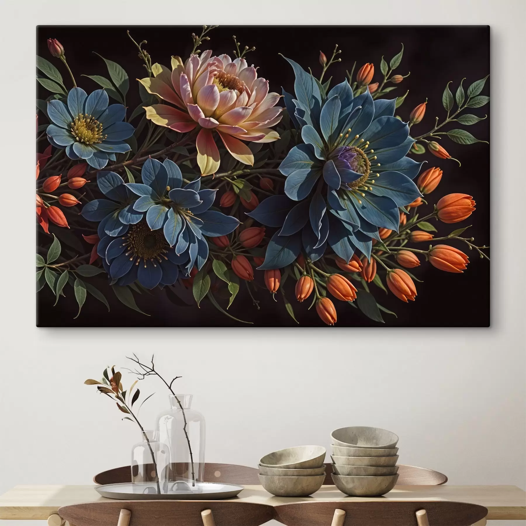 Tableau Un bouquet vibrant de grandes fleurs de dahlia colorées dans des tons de rose, d'orange et de bleu sur un fond sombre s41730