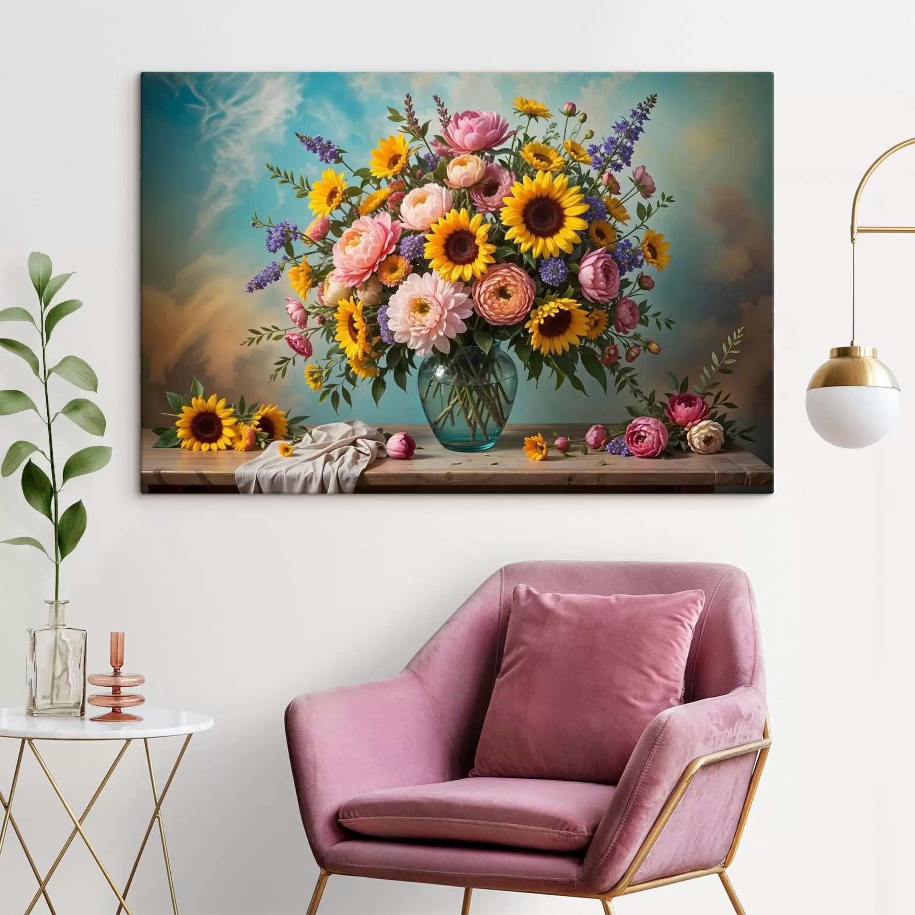 Papier peint Un grand bouquet de fleurs colorées comprenant des tournesols, des pivoines, des marguerites et de la lavande dans un vase en verre s41738