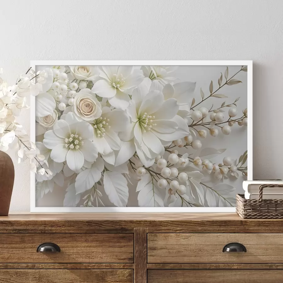 Papier peint Fleurs blanches délicates, y compris lys, roses et autres fleurs aux pétales doux et veloutés f41722