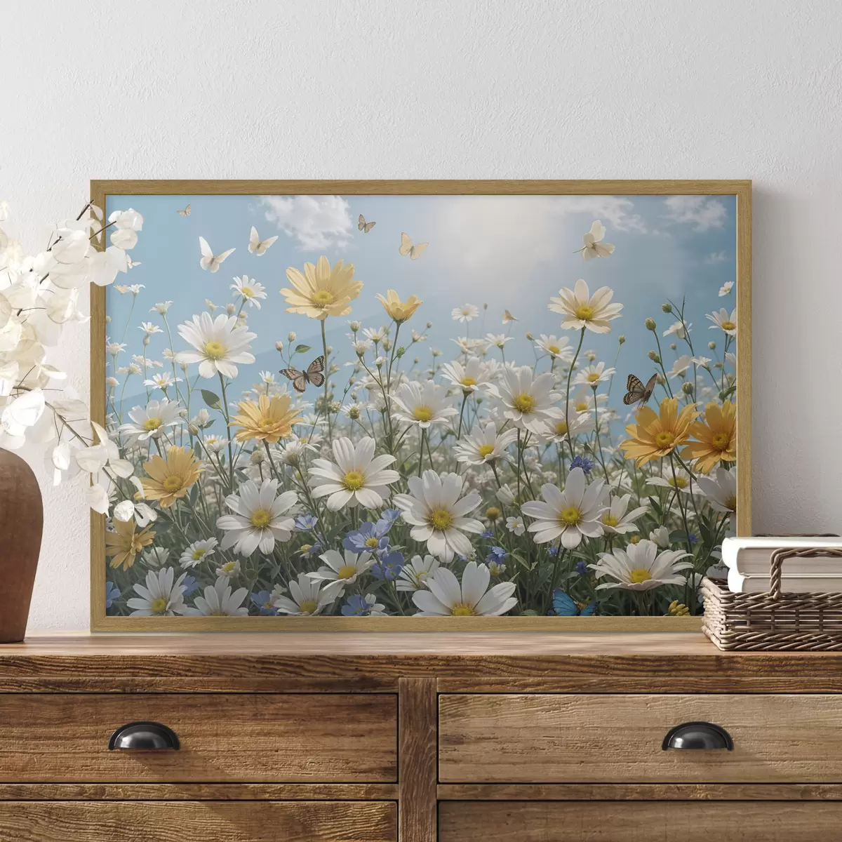 Poster Un champ de marguerites blanches et jaunes sur fond de ciel bleu avec des nuages blancs cotonneux et des papillons volant au-dessus f41726