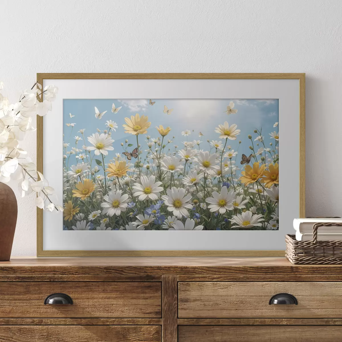 Poster Un champ de marguerites blanches et jaunes sur fond de ciel bleu avec des nuages blancs cotonneux et des papillons volant au-dessus f41726
