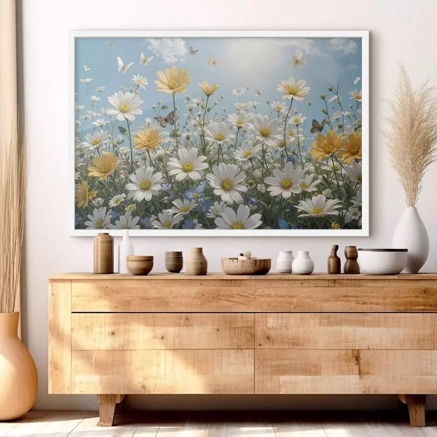 Papier peint Un champ de marguerites blanches et jaunes sur fond de ciel bleu avec des nuages blancs cotonneux et des papillons volant au-dessus f41726
