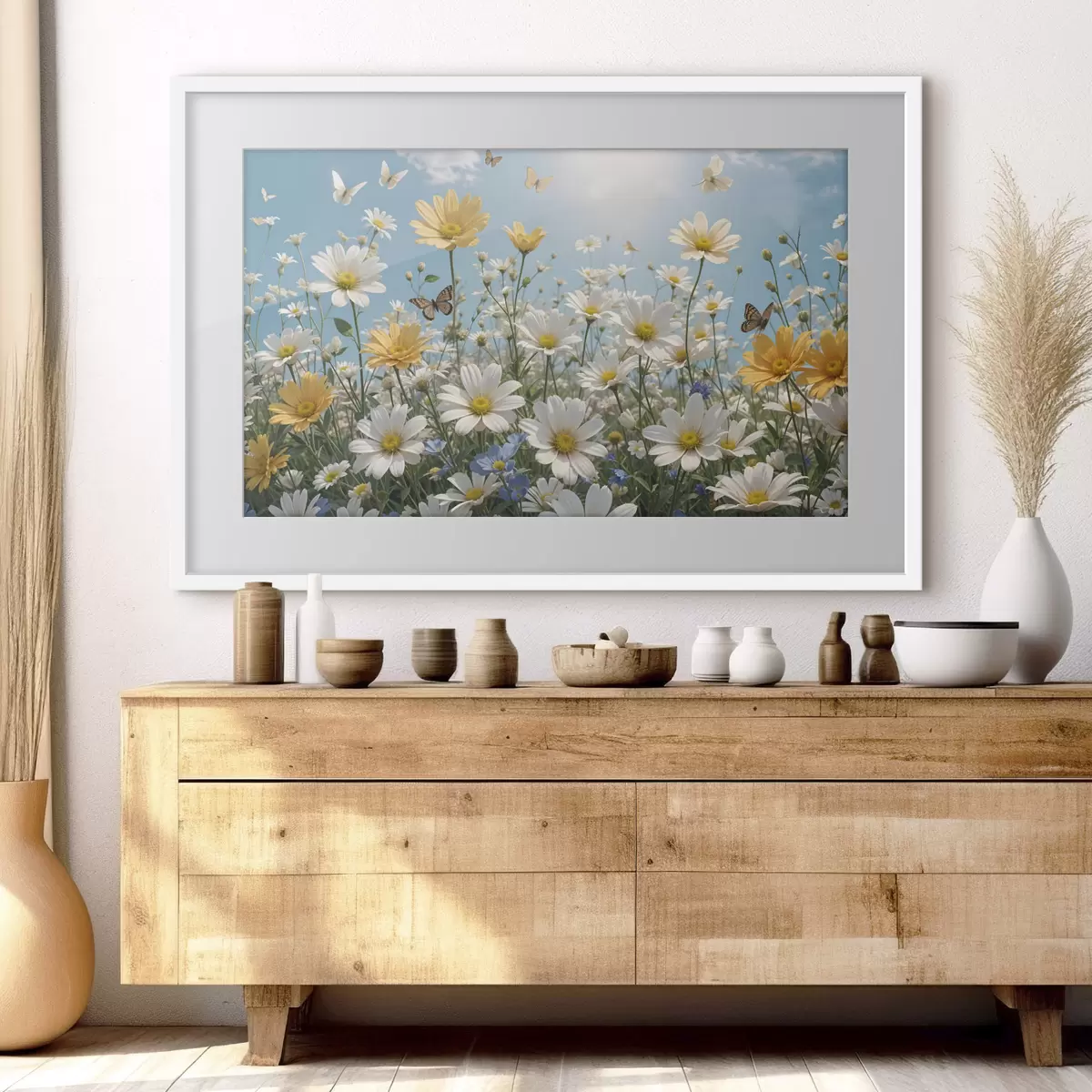 Poster Un champ de marguerites blanches et jaunes sur fond de ciel bleu avec des nuages blancs cotonneux et des papillons volant au-dessus f41726