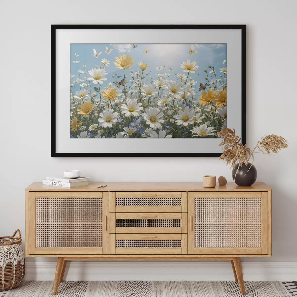 Poster Un champ de marguerites blanches et jaunes sur fond de ciel bleu avec des nuages blancs cotonneux et des papillons volant au-dessus f41726