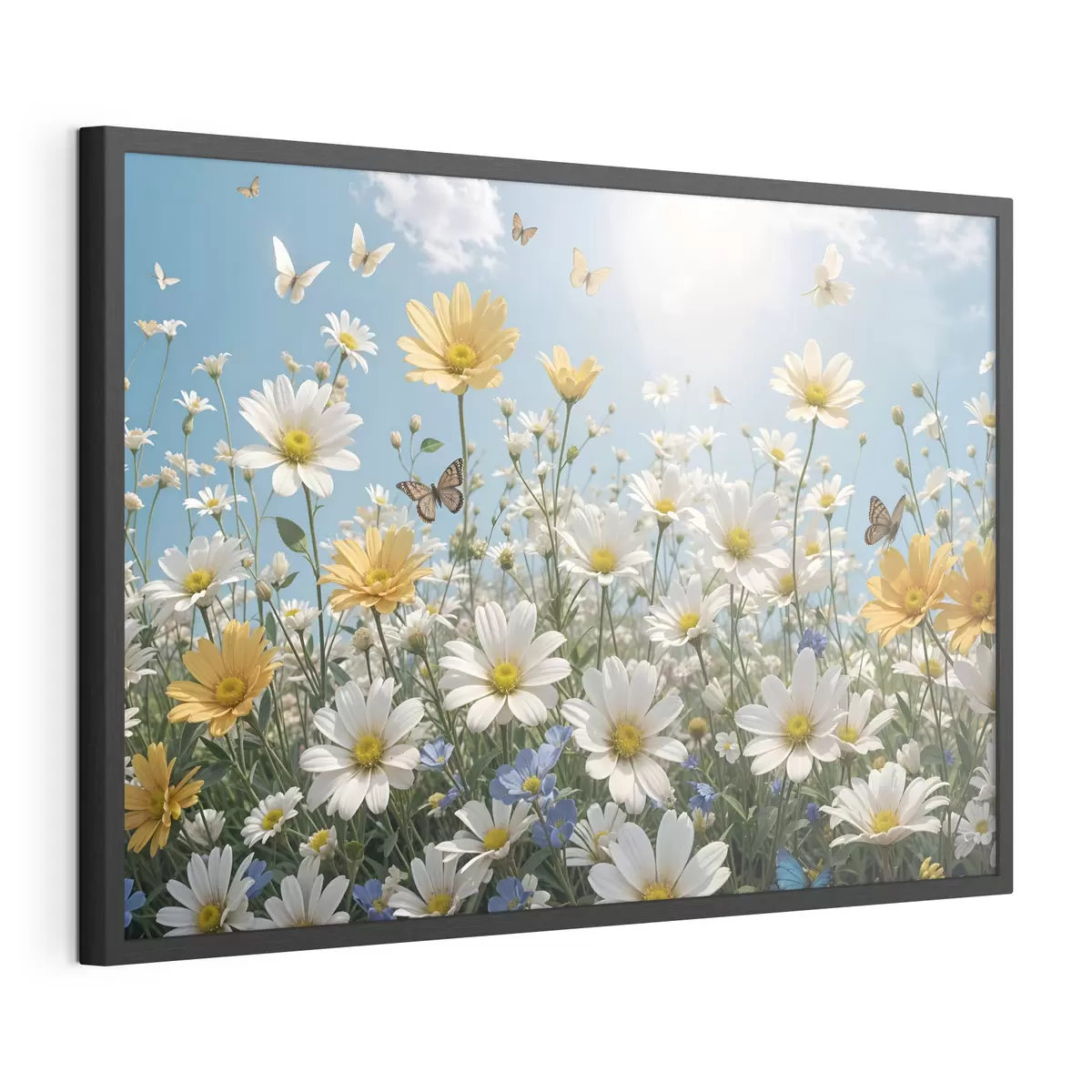 Poster Un champ de marguerites blanches et jaunes sur fond de ciel bleu avec des nuages blancs cotonneux et des papillons volant au-dessus f41726