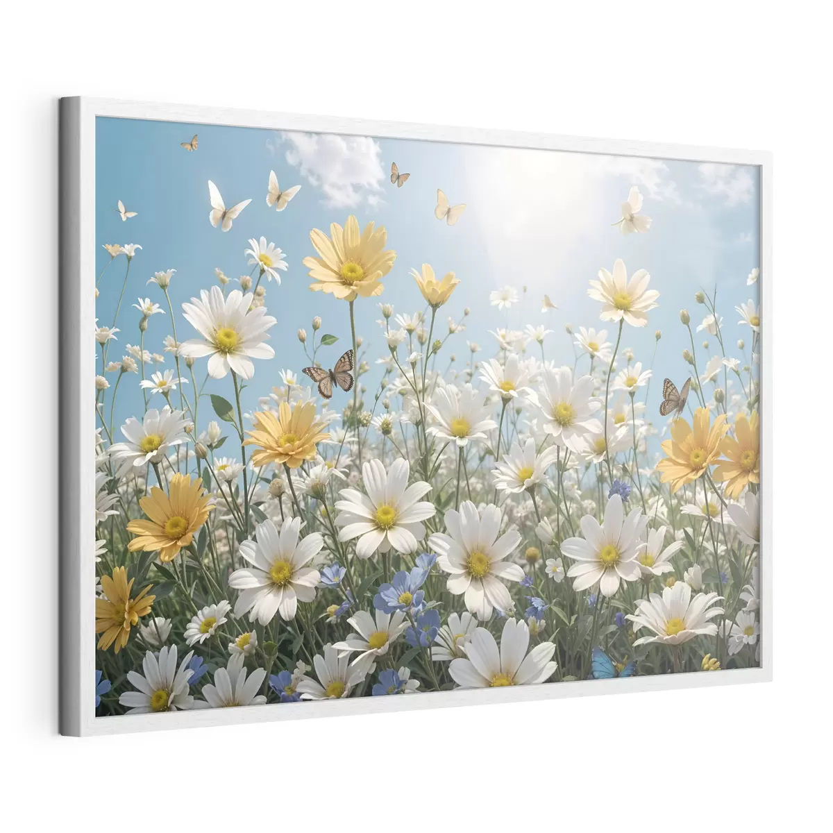 Poster Un champ de marguerites blanches et jaunes sur fond de ciel bleu avec des nuages blancs cotonneux et des papillons volant au-dessus f41726
