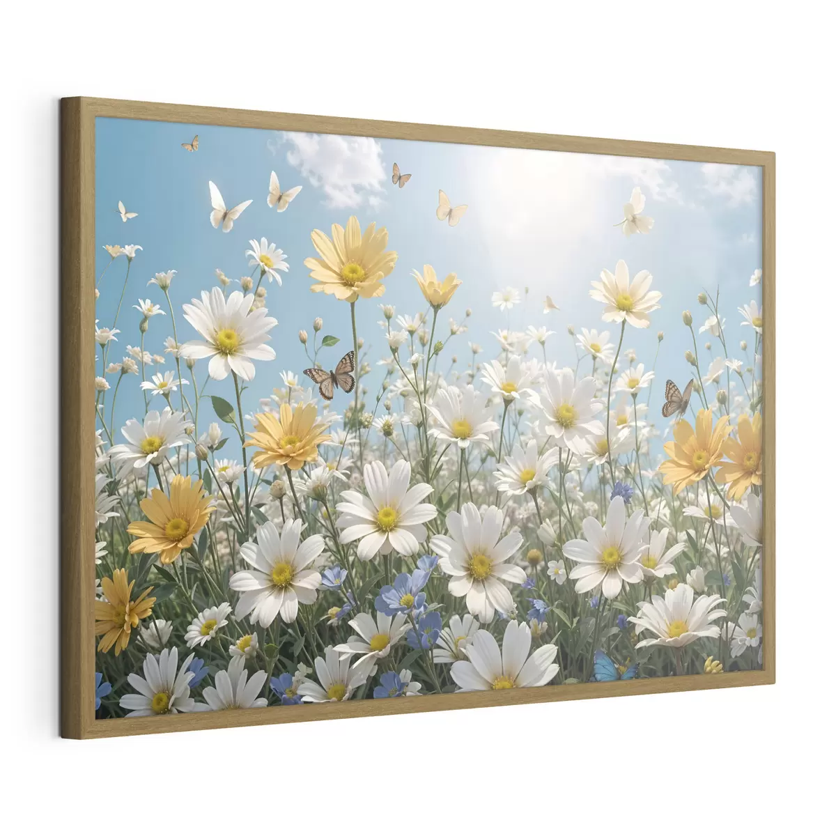 Poster Un champ de marguerites blanches et jaunes sur fond de ciel bleu avec des nuages blancs cotonneux et des papillons volant au-dessus f41726