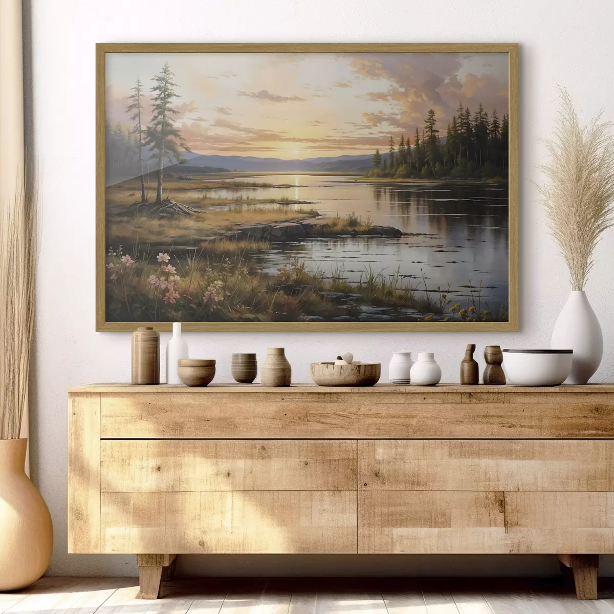 Poster Un paysage serein avec un lac entouré de pins, reflétant les couleurs chaudes du ciel au coucher du soleil f41733