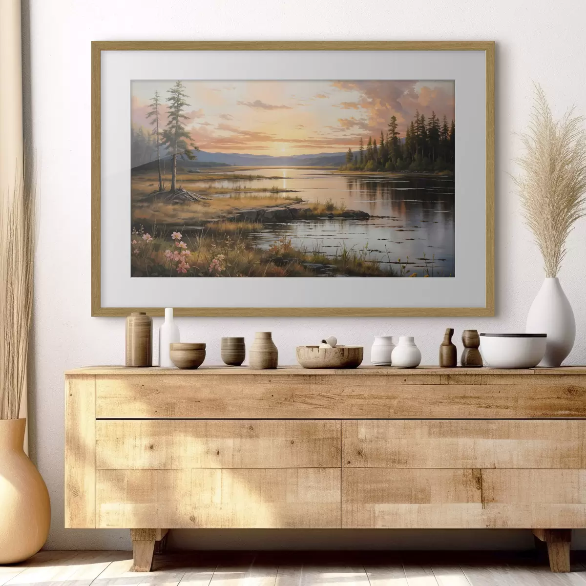 Poster Un paysage serein avec un lac entouré de pins, reflétant les couleurs chaudes du ciel au coucher du soleil f41733