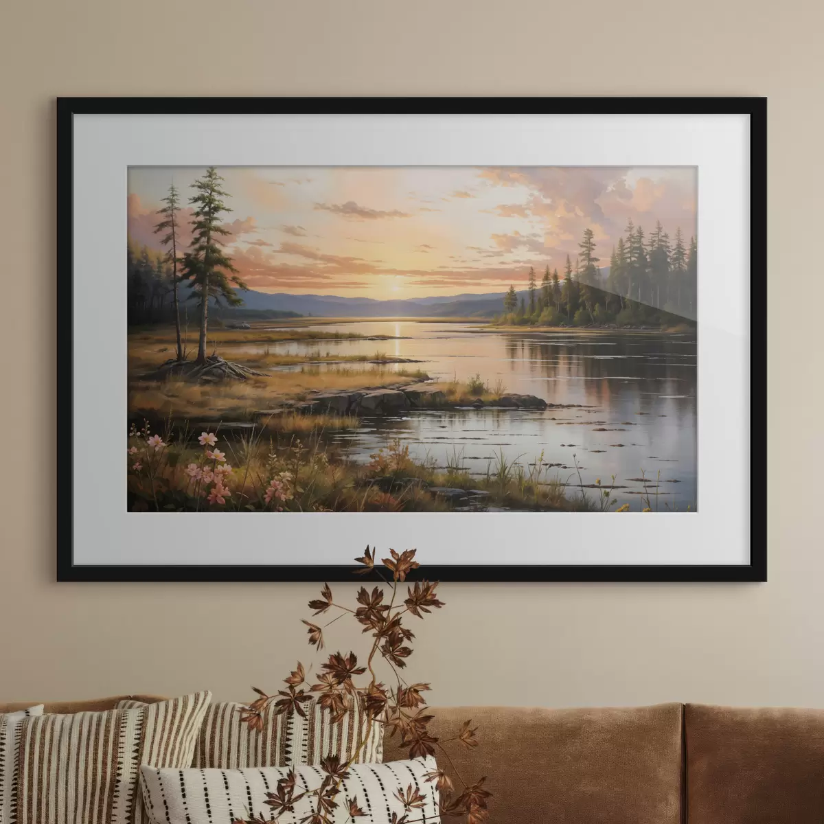 Poster Un paysage serein avec un lac entouré de pins, reflétant les couleurs chaudes du ciel au coucher du soleil f41733