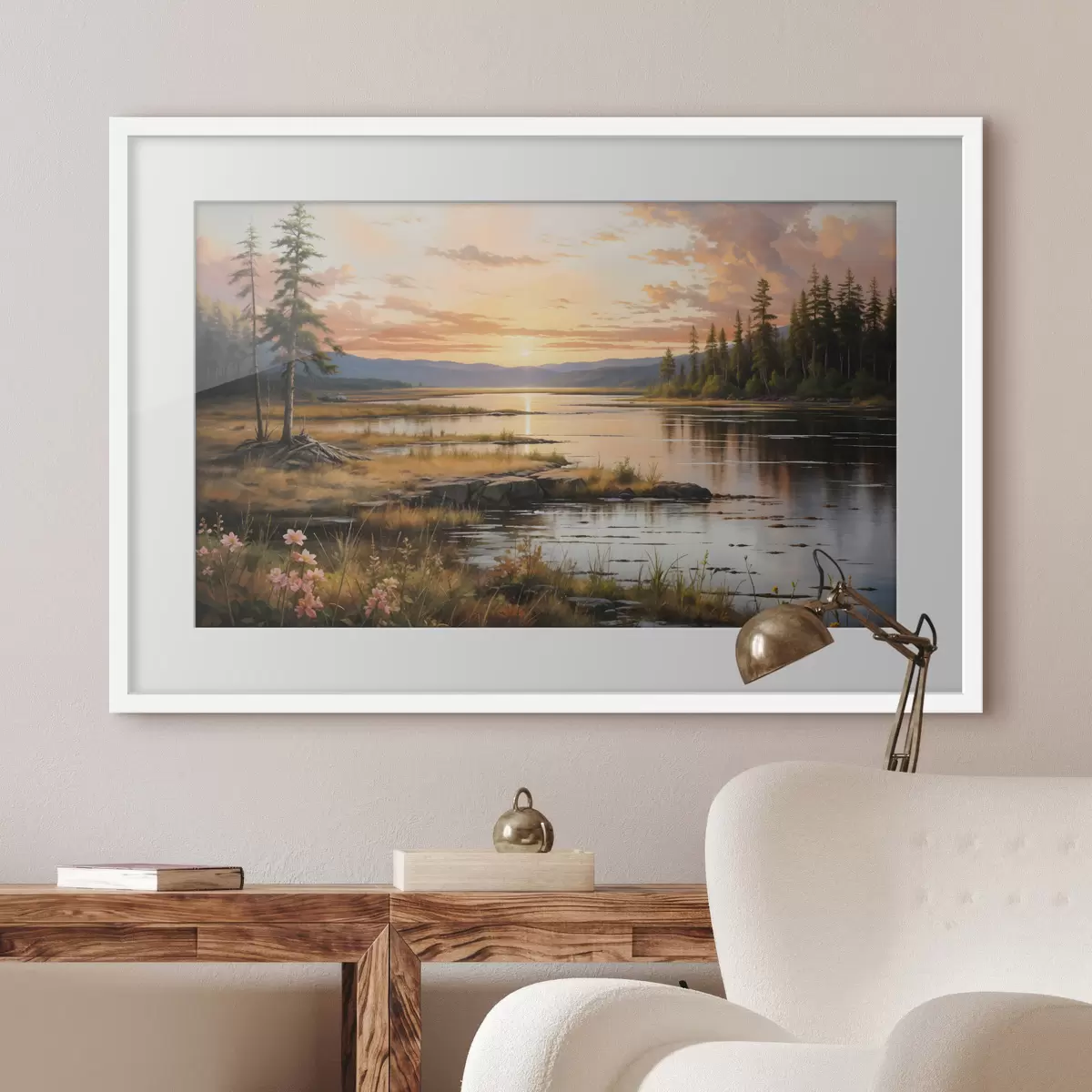 Poster Un paysage serein avec un lac entouré de pins, reflétant les couleurs chaudes du ciel au coucher du soleil f41733