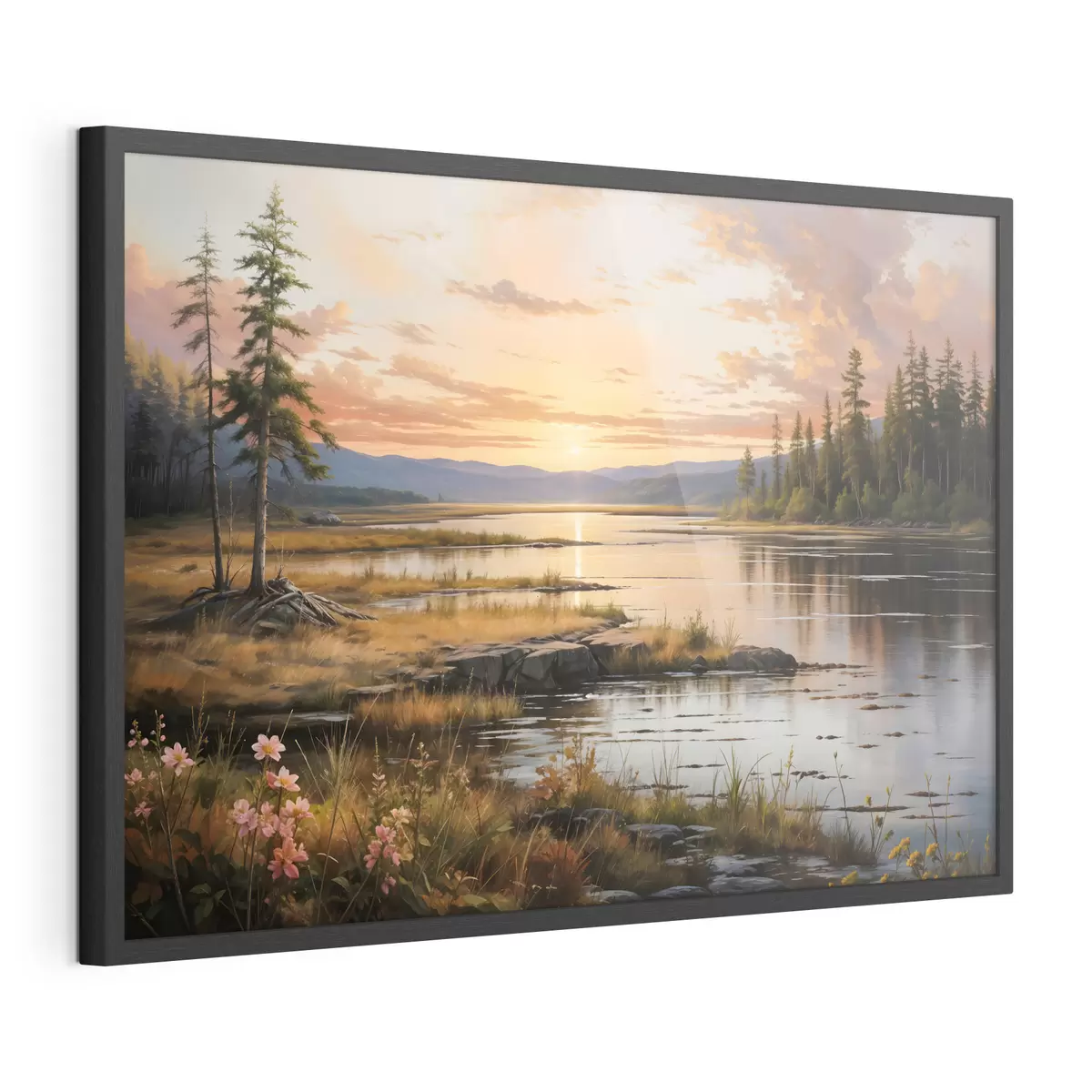 Poster Un paysage serein avec un lac entouré de pins, reflétant les couleurs chaudes du ciel au coucher du soleil f41733