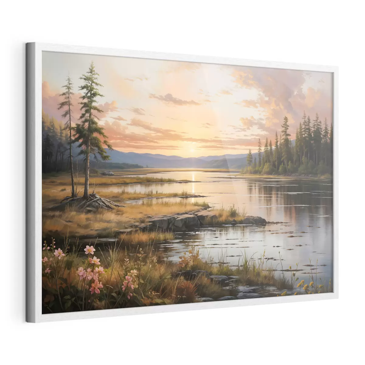 Poster Un paysage serein avec un lac entouré de pins, reflétant les couleurs chaudes du ciel au coucher du soleil f41733