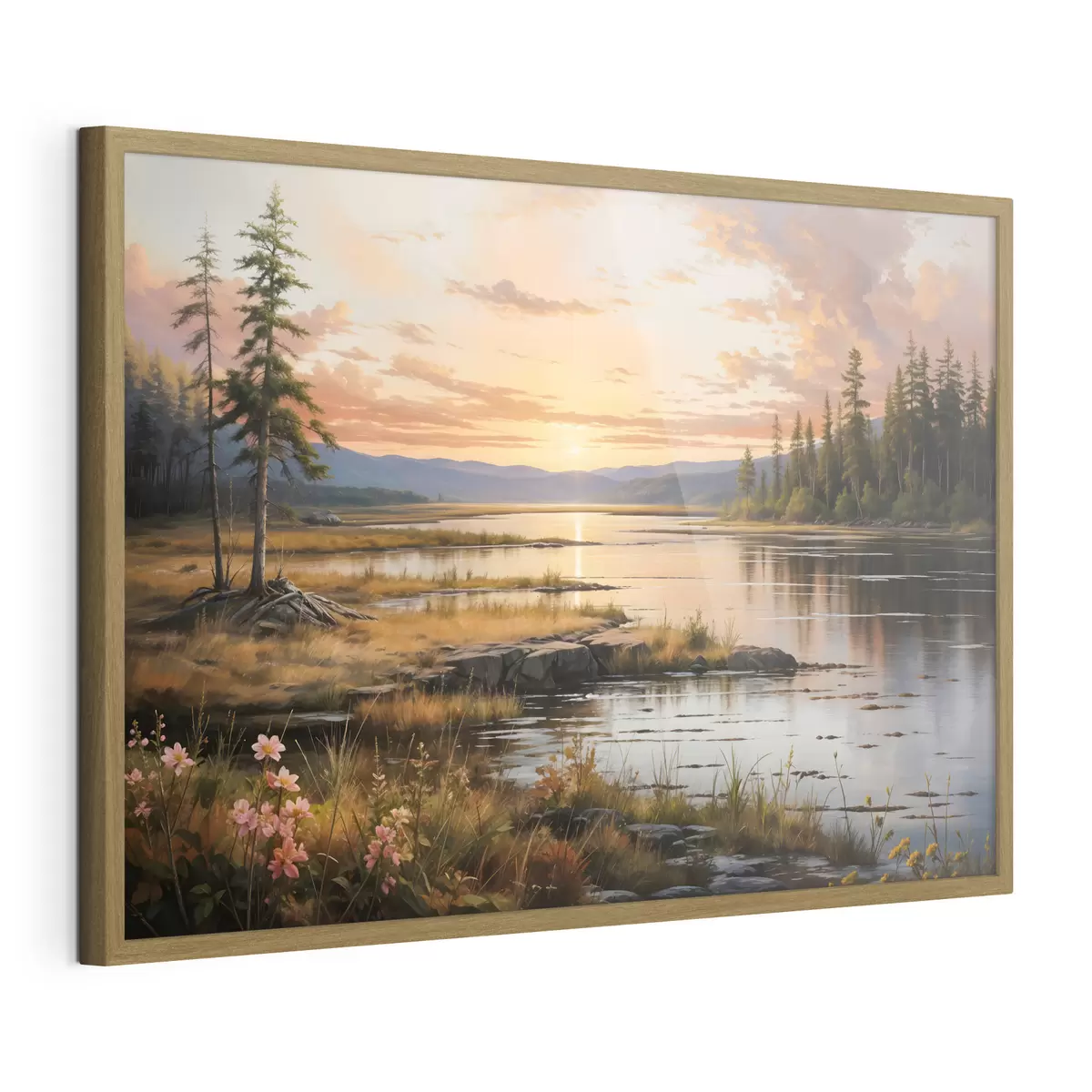 Poster Un paysage serein avec un lac entouré de pins, reflétant les couleurs chaudes du ciel au coucher du soleil f41733