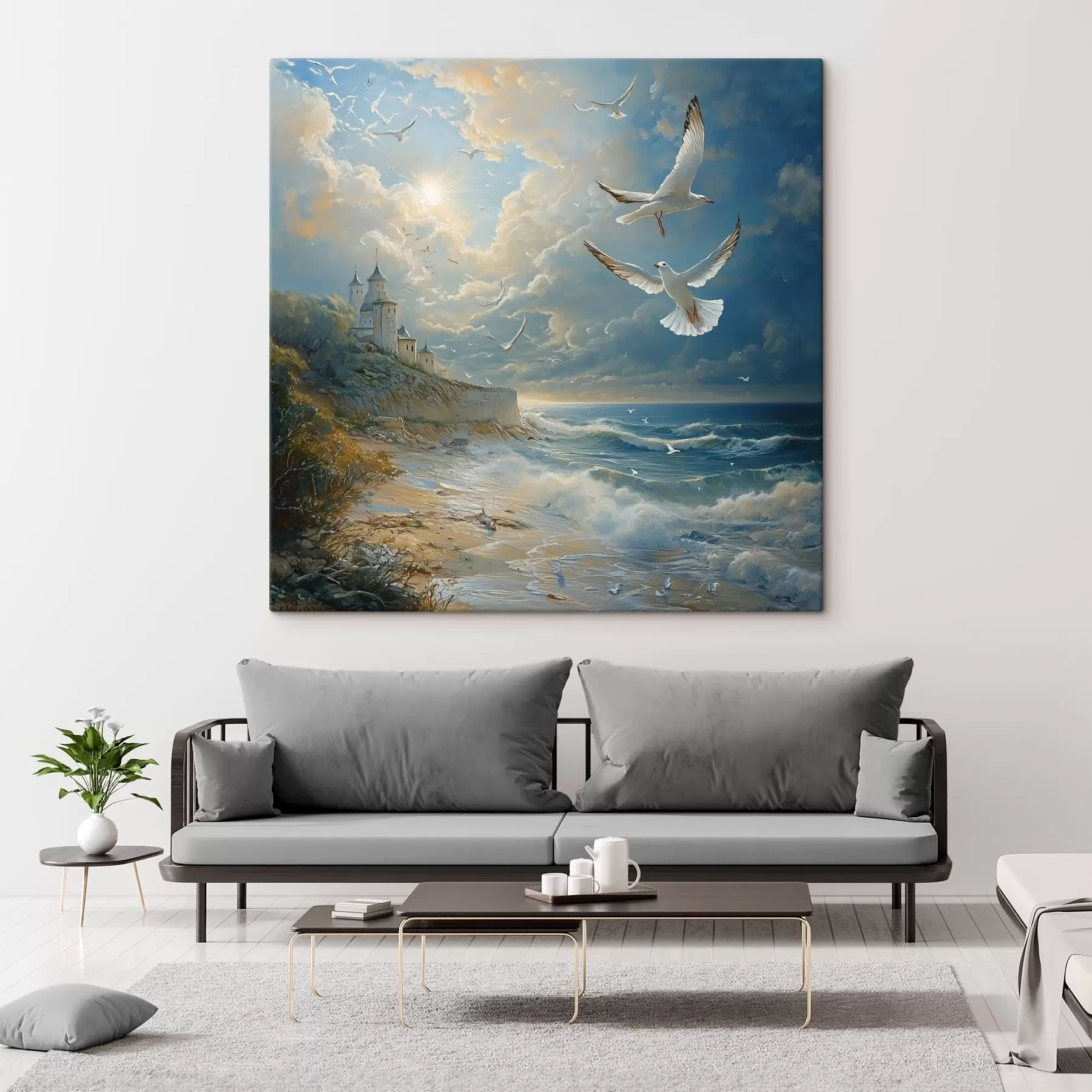 Papier peint Bord de mer et oiseaux, dans le style de la peinture à l'huile s41756