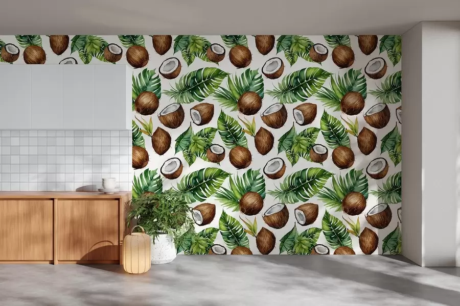 Papier peint motif tropical avec noix de coco et feuilles w02293