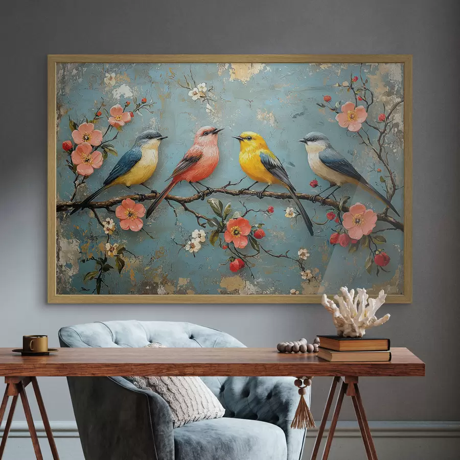 Papier peint Oiseaux sur une branche de sakura dans le style de la peinture à l'huile f41834