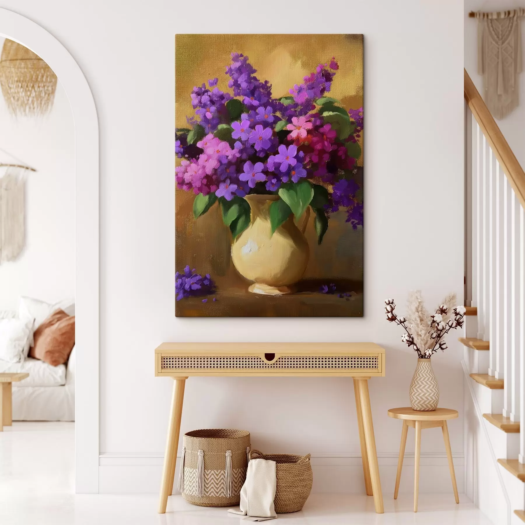 Tableau Fleurs rose pourpre dans une cruche jaune s41822