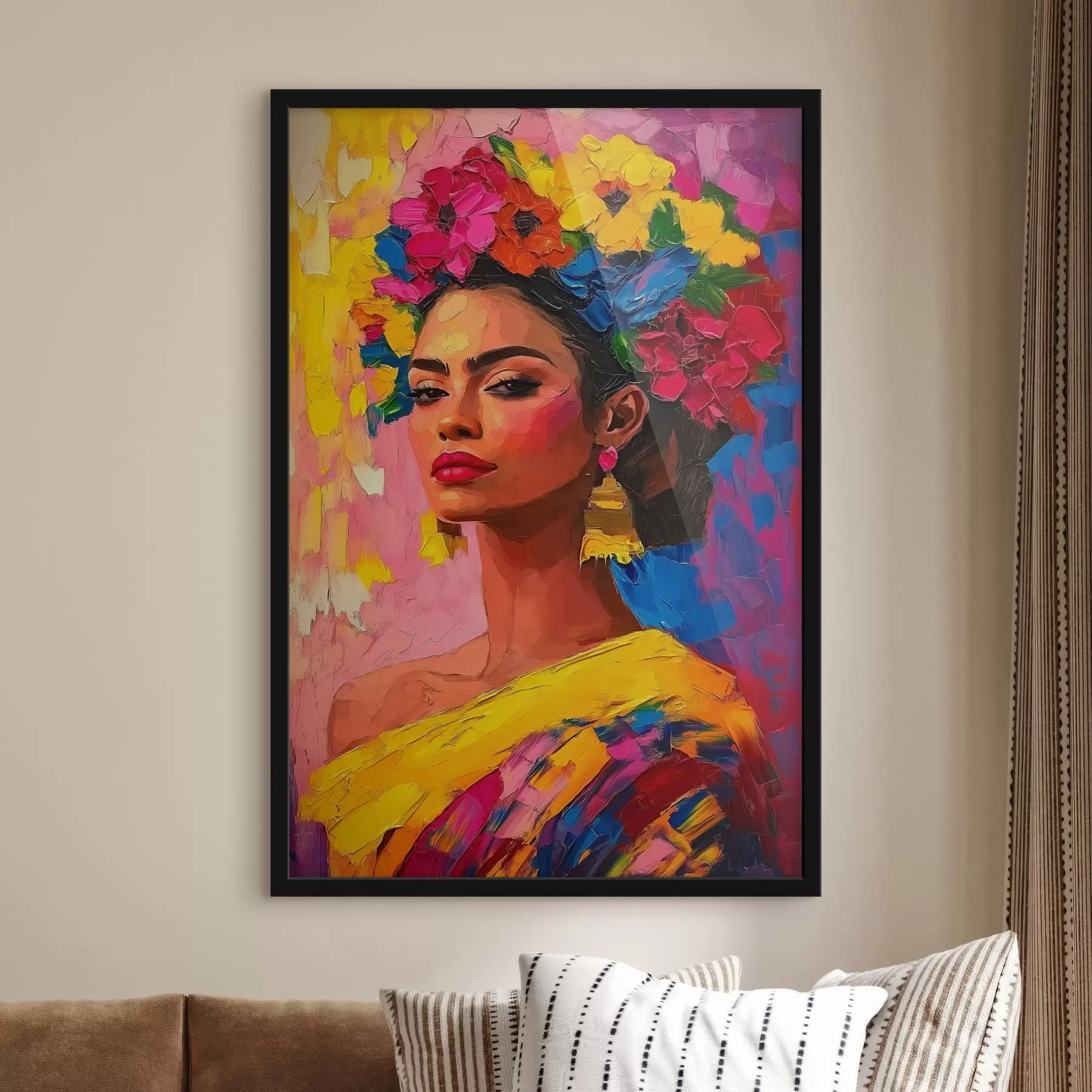 Papier peint Une femme parée d'une couronne florale lumineuse sur un fond coloré f41809
