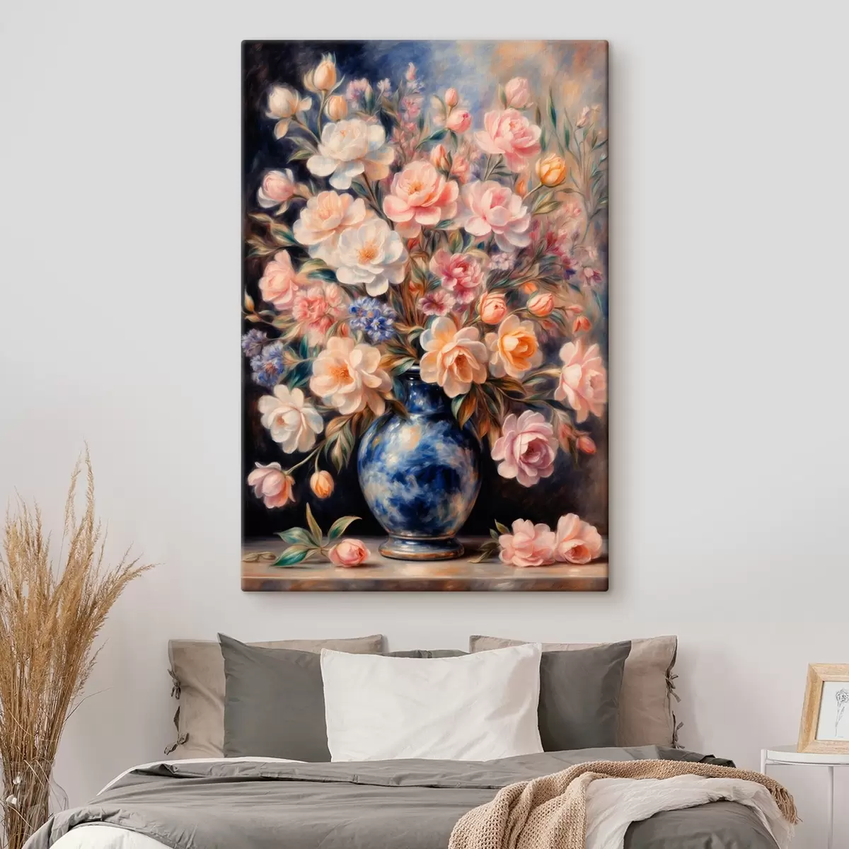 Tableau Bouquet de fleurs dans un vase bleu sur fond flou s41516