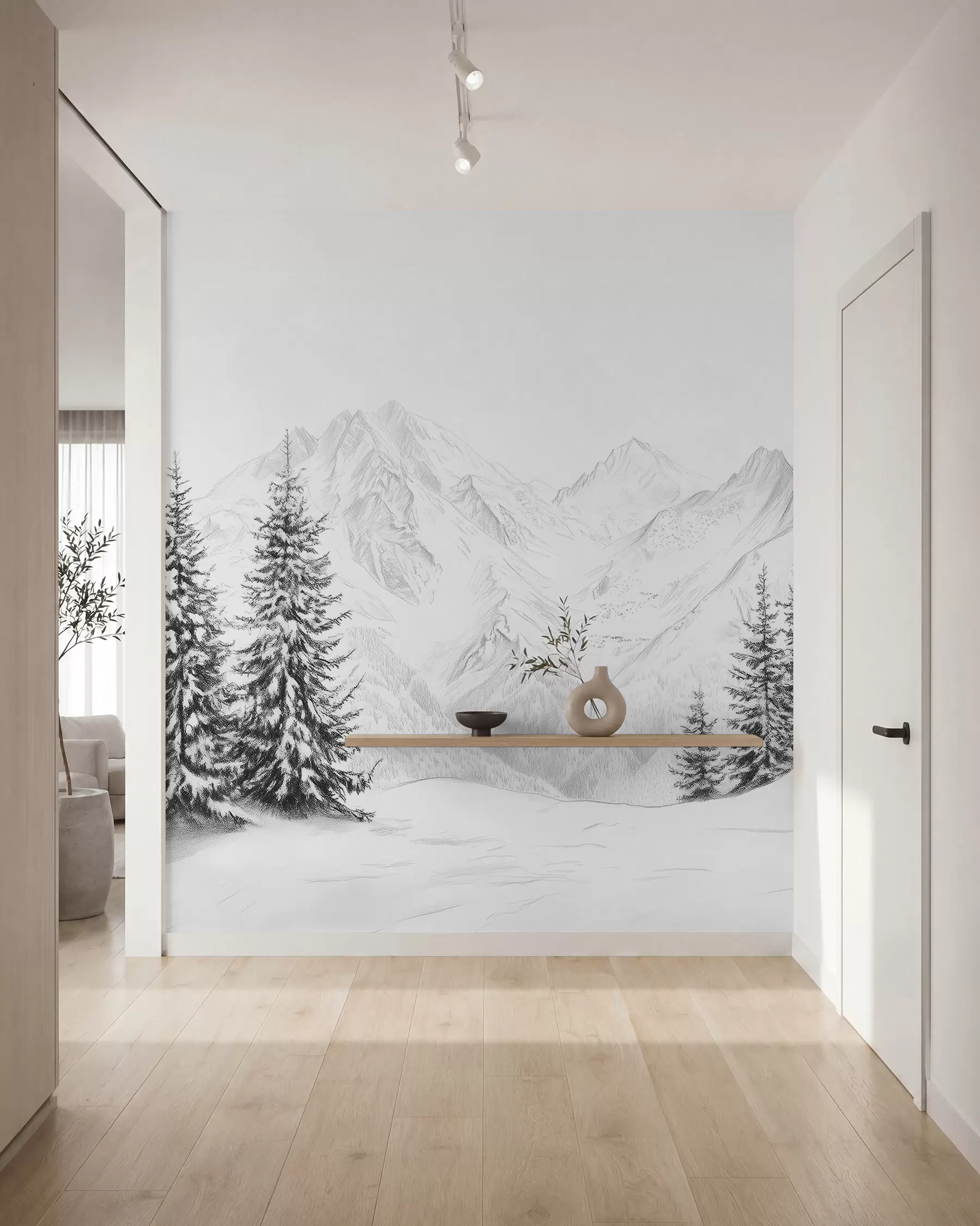 Papier peint Montagnes enneigées, dessin au crayon, minimalisme, forêt, nature w02351