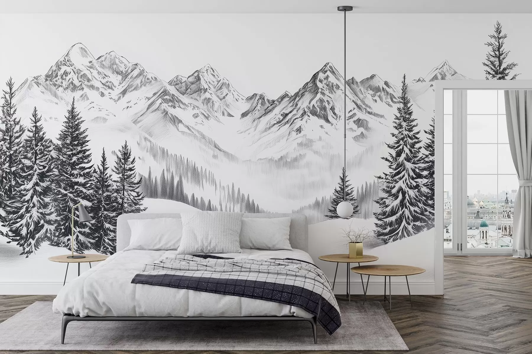 Papier peint Montagnes alpines dans la neige, style crayon, minimalisme w02352
