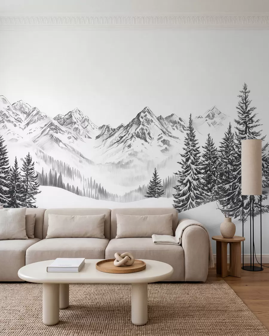 Papier peint Montagnes alpines dans la neige, style crayon, minimalisme w02352