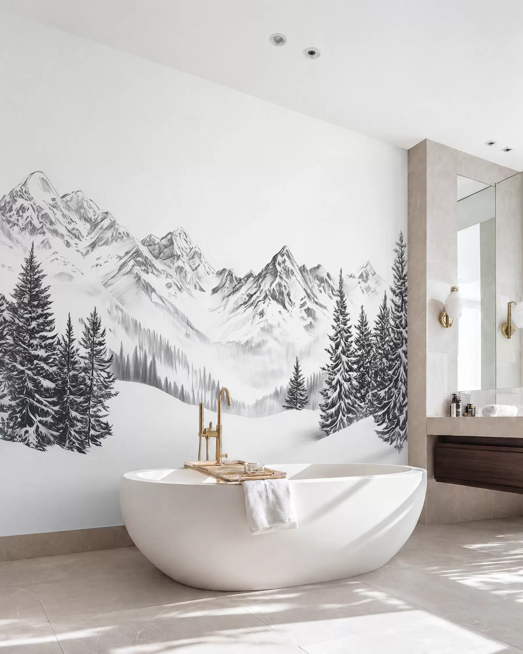 Papier peint Montagnes alpines dans la neige, style crayon, minimalisme w02352