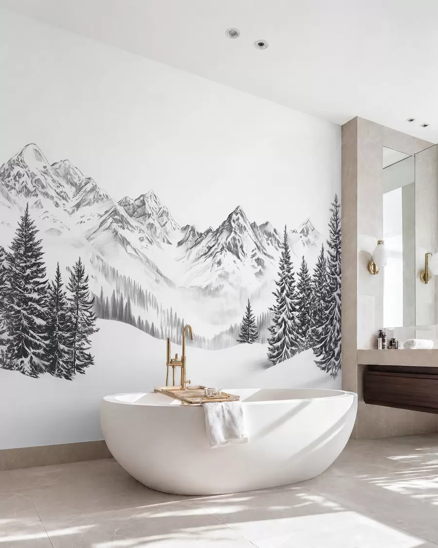 Papier peint Montagnes alpines dans la neige, style crayon, minimalisme w02352