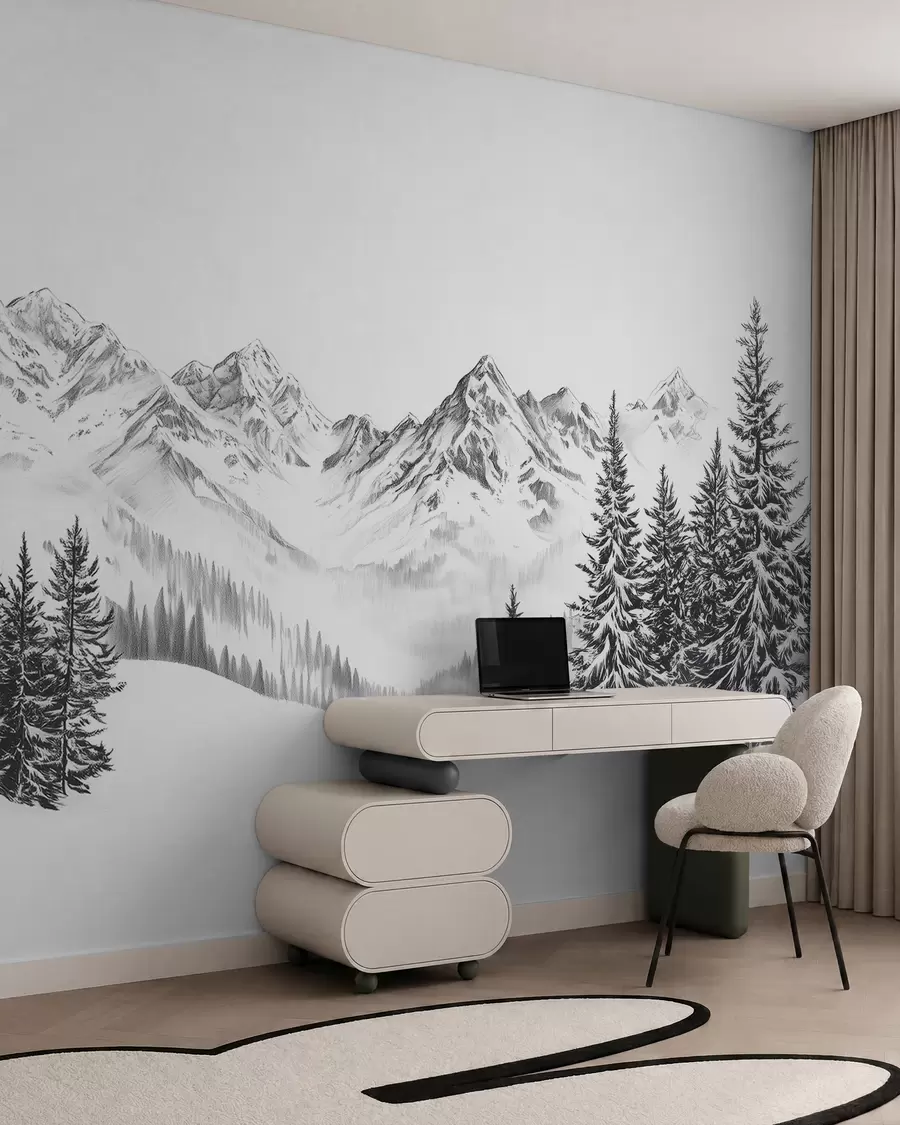 Papier peint Montagnes alpines dans la neige, style crayon, minimalisme w02352