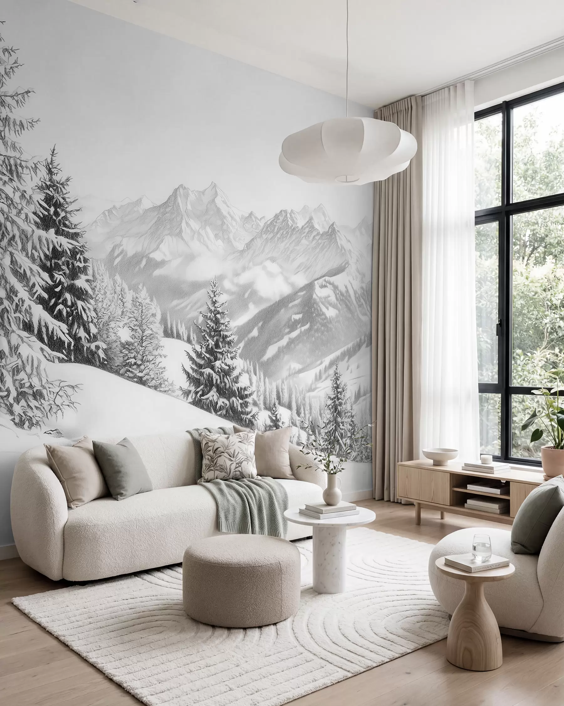 Papier peint Hiver en montagne, forêt, Alpes, dessin au crayon, paysages de nature w02353