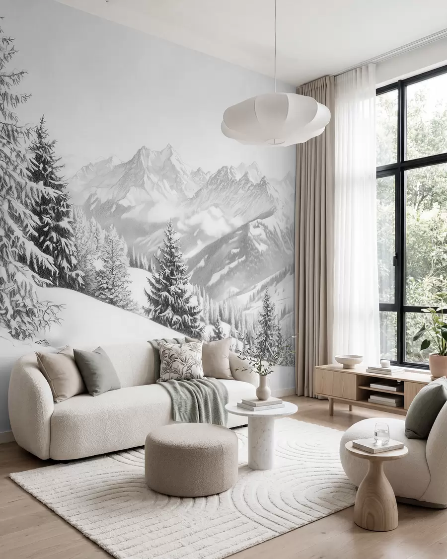 Papier peint Hiver en montagne, forêt, Alpes, dessin au crayon, paysages de nature w02353