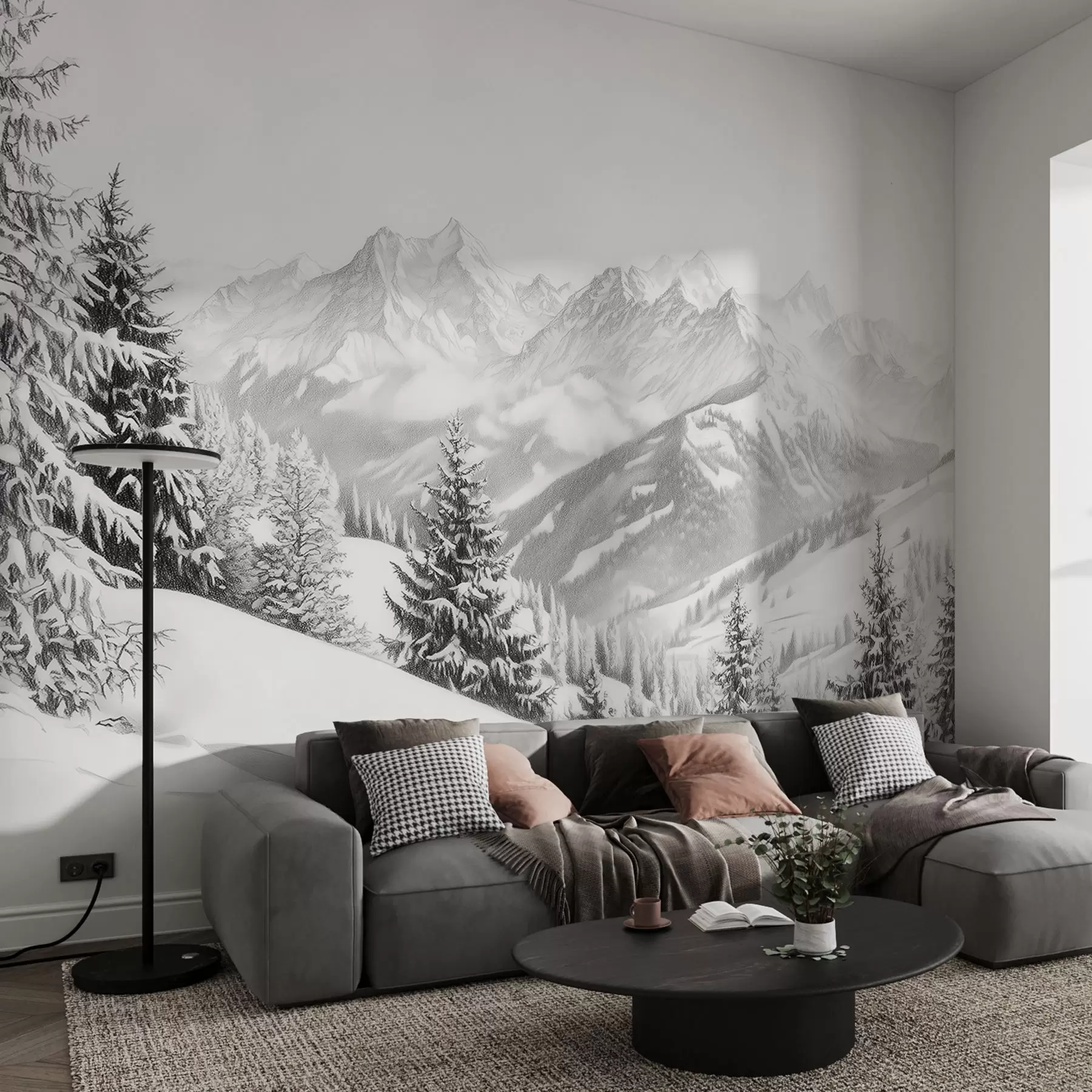 Papier peint Hiver en montagne, forêt, Alpes, dessin au crayon, paysages de nature w02353