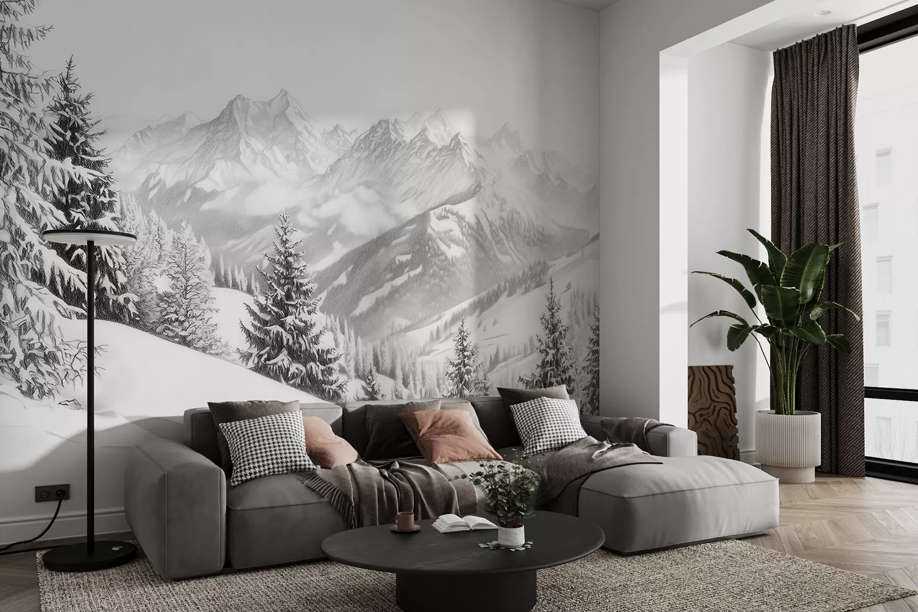 Papier peint Hiver en montagne, forêt, Alpes, dessin au crayon, paysages de nature w02353