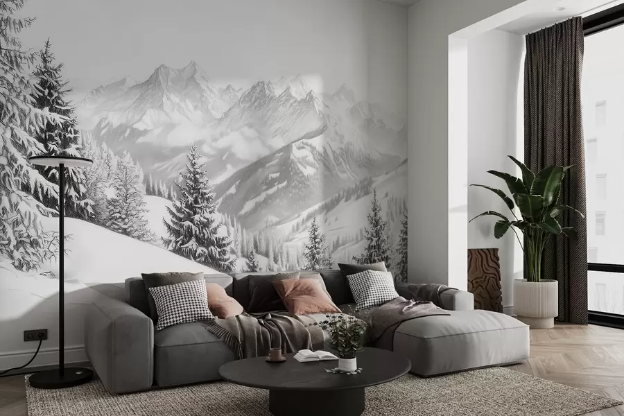 Papier peint Hiver en montagne, forêt, Alpes, dessin au crayon, paysages de nature w02353