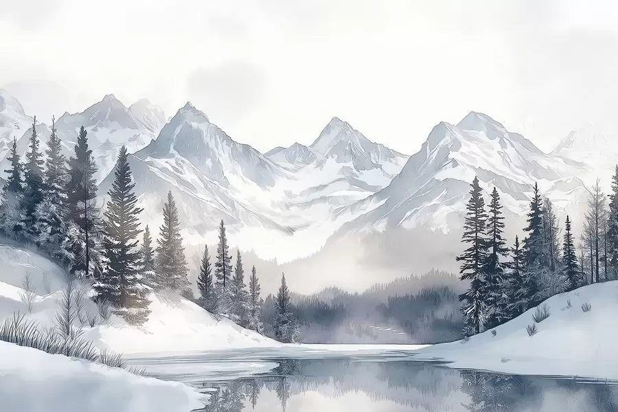 Papier peint Montagnes avec lac, hiver, forêt, ciel couchant, nature w02357