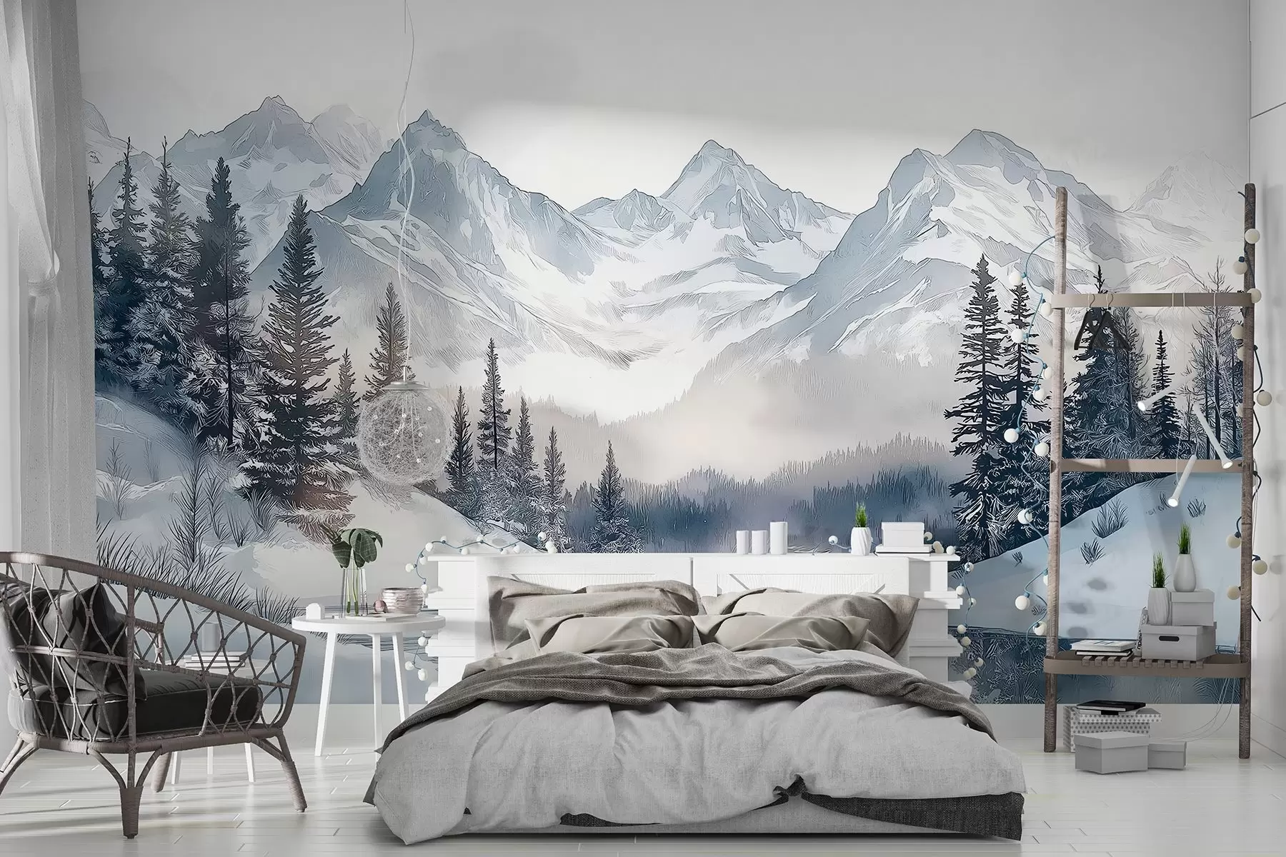 Papier peint Montagnes avec lac, hiver, forêt, ciel couchant, nature w02357
