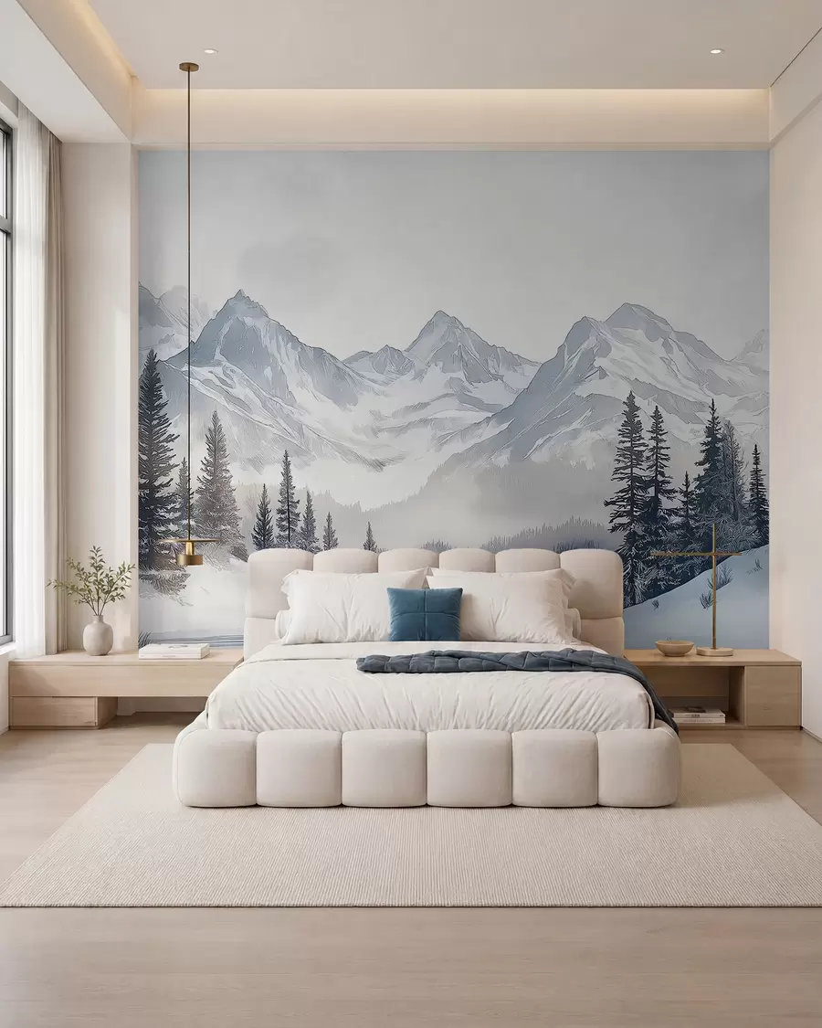 Papier peint Montagnes avec lac, hiver, forêt, ciel couchant, nature w02357