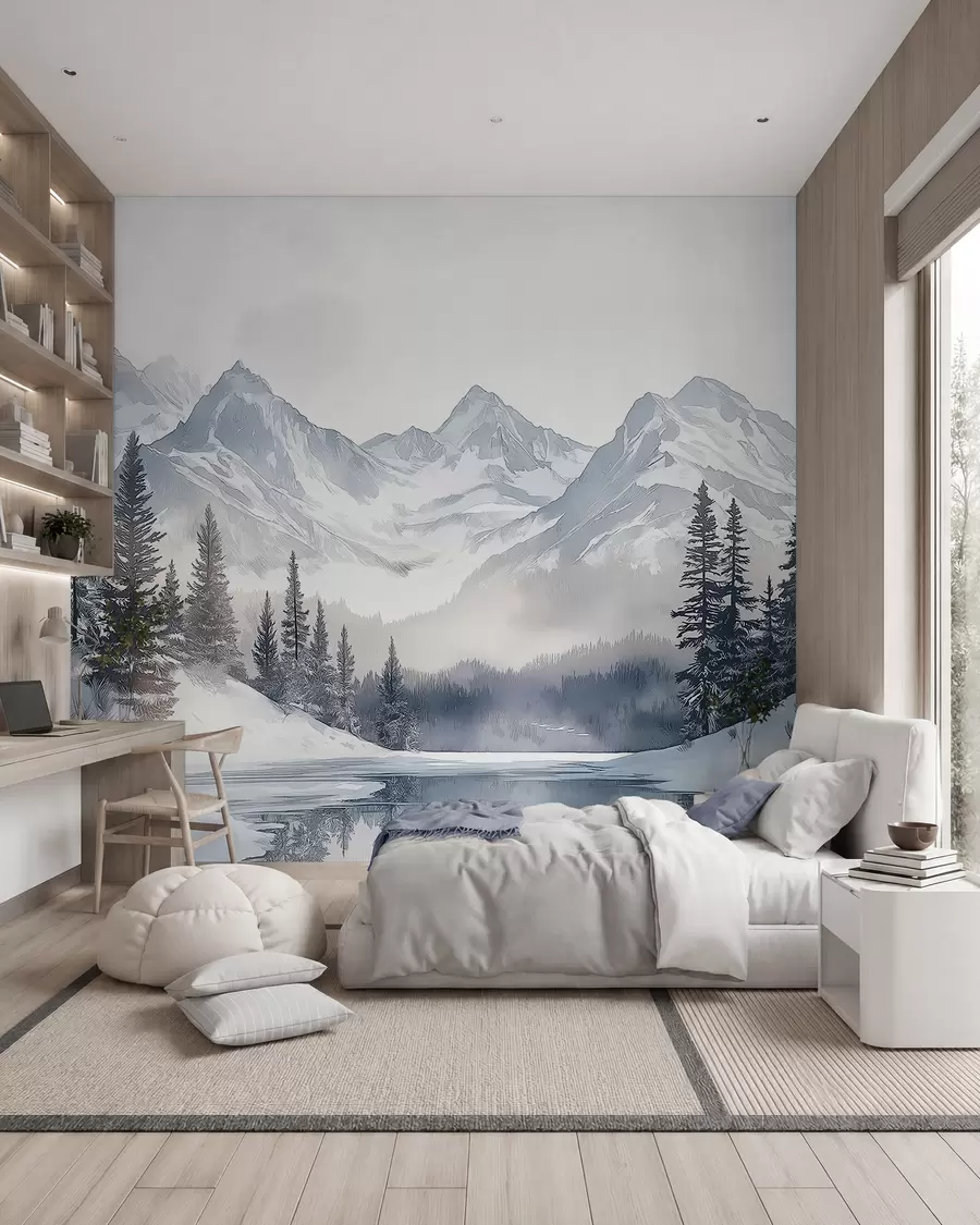 Papier peint Montagnes avec lac, hiver, forêt, ciel couchant, nature w02357