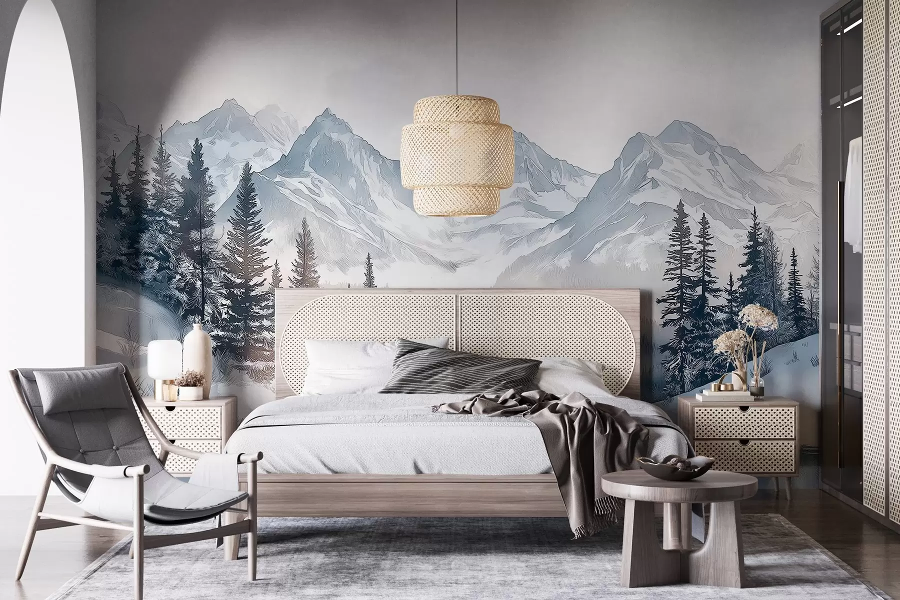 Papier peint Montagnes avec lac, hiver, forêt, ciel couchant, nature w02357