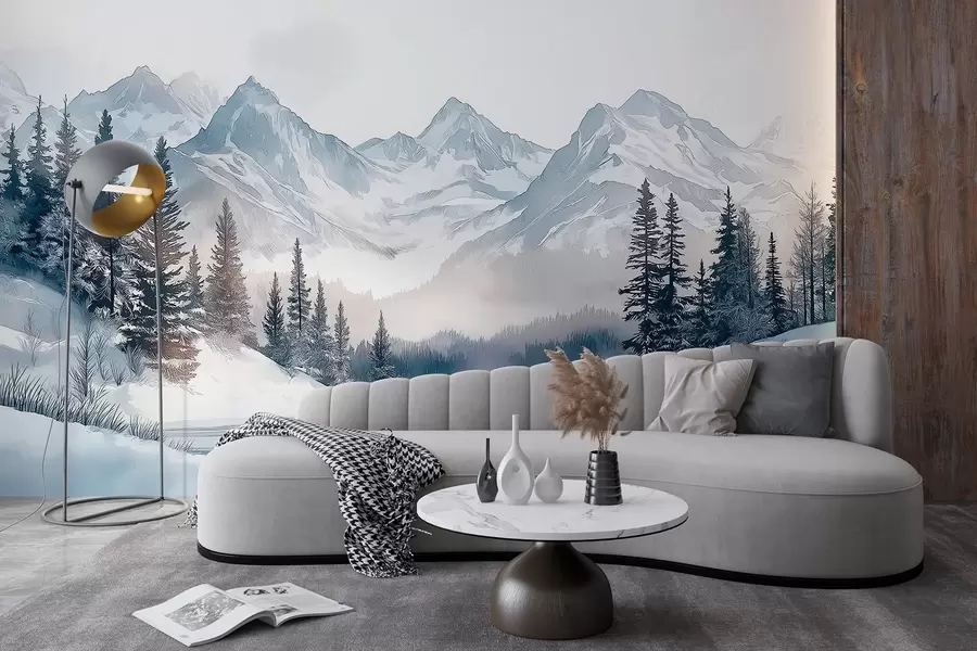 Papier peint Montagnes avec lac, hiver, forêt, ciel couchant, nature w02357