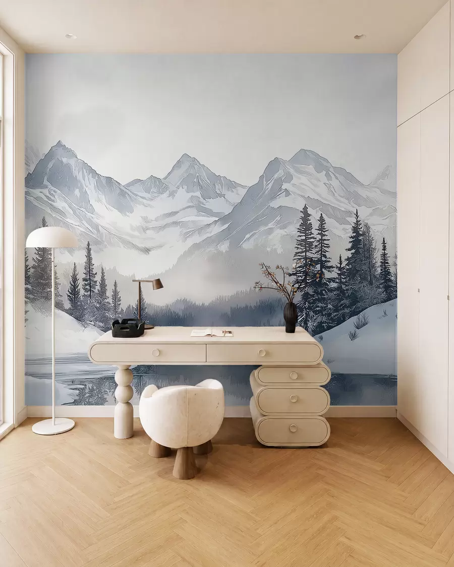 Papier peint Montagnes avec lac, hiver, forêt, ciel couchant, nature w02357