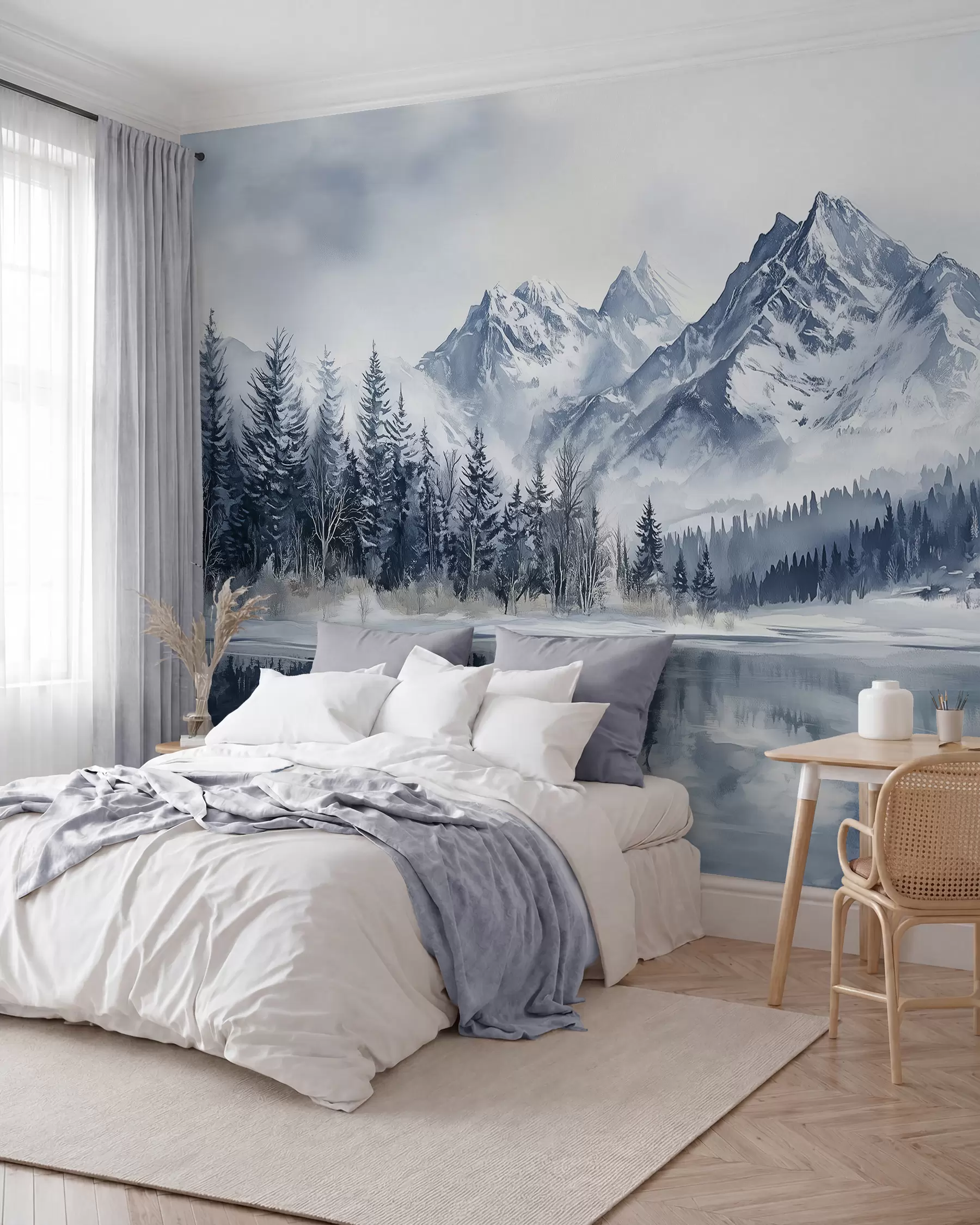 Papier peint Les Alpes enneigées, forêt d'hiver, lac gelé, palette de couleurs bleues  w02358
