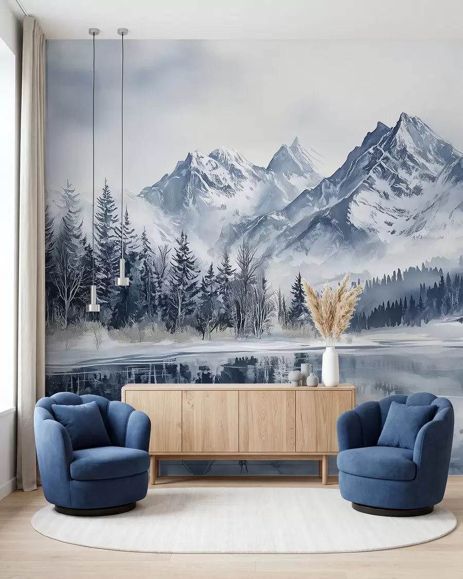 Papier peint Les Alpes enneigées, forêt d'hiver, lac gelé, palette de couleurs bleues  w02358